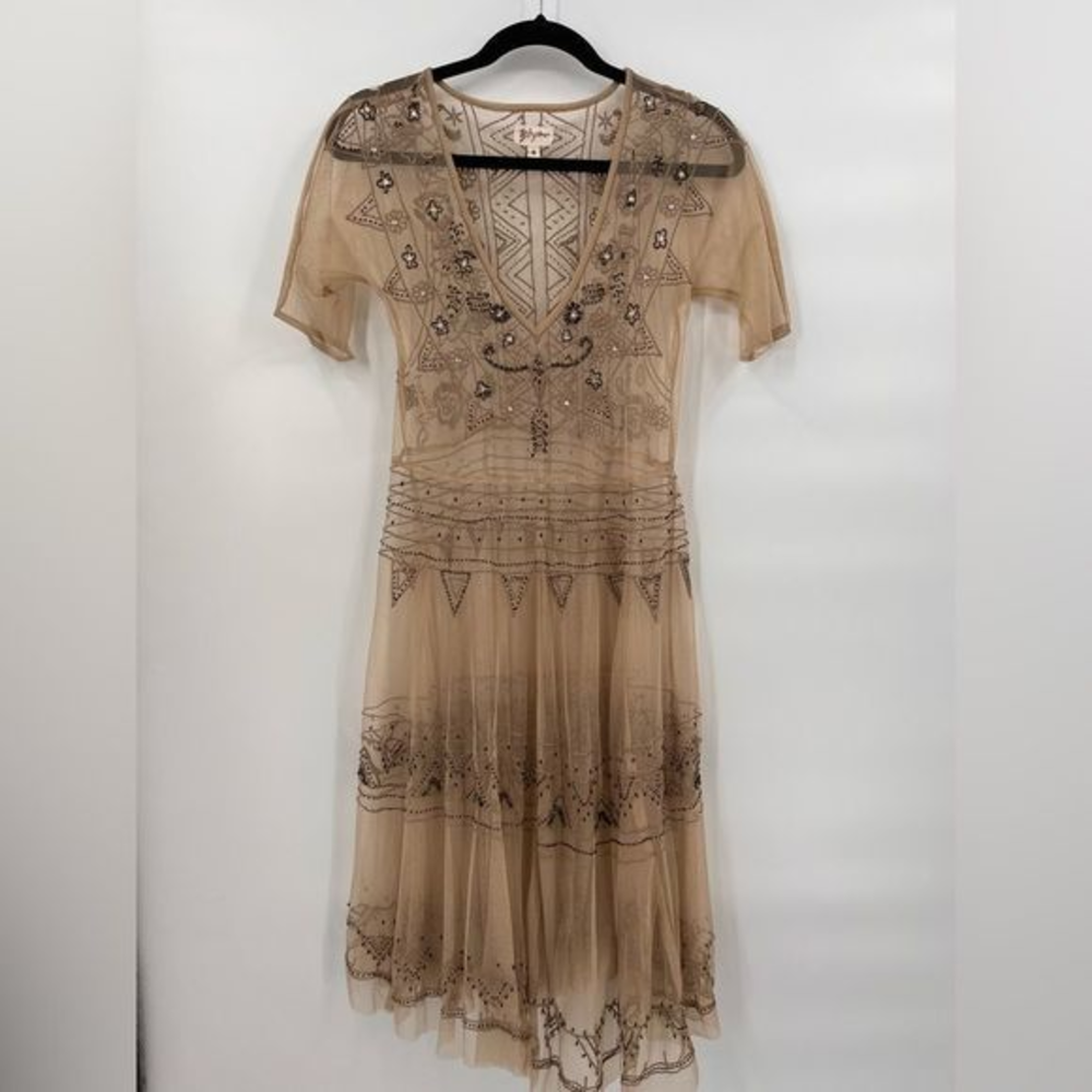 Johnny Was Beige Embroidered Sheer Dress